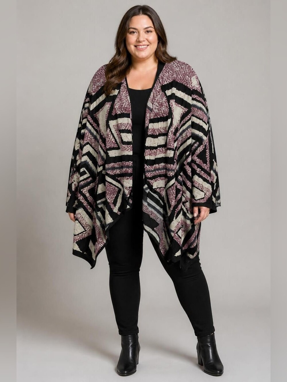 Lucky Brand Geometric Open-Front Cardigan in Mauve, Black & Cream